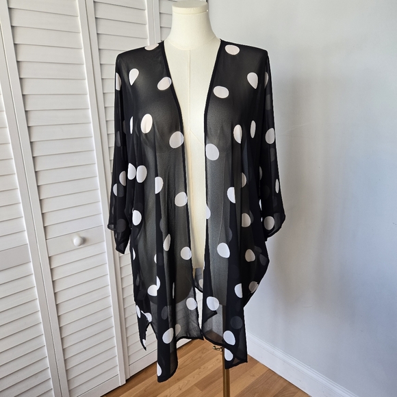 Anne Klein Polka Dot Sheer Kimono Cardigan Size L/XL Retro Minimalist Resortwear - Picture 1 of 10